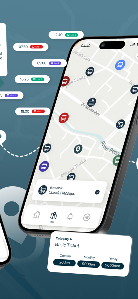 Go Public Transport - Go Public Transport 앱 인터페이스가 버스 정류장 위치와 실시간 도착 시간표가 있는 대화형 지도를 보여줍니다