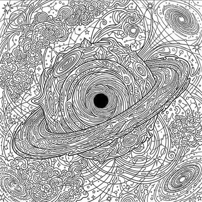 Journey into the heart of the cosmos with this captivating Stellar Black Hole coloring page, designed for teen artists. Unleash your creativity on a universe of swirling energy, distant galaxies, and intricate celestial wonders.