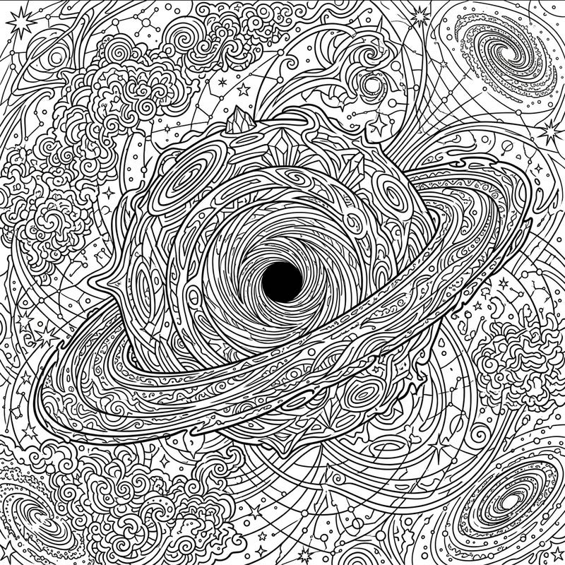 Journey into the heart of the cosmos with this captivating Stellar Black Hole coloring page, designed for teen artists. Unleash your creativity on a universe of swirling energy, distant galaxies, and intricate celestial wonders.