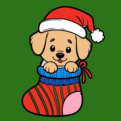 cute puppy wearing santa hat in socking