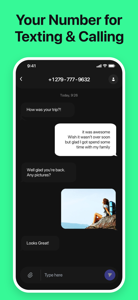 Uma captura de tela do aplicativo Segundo Número de Telefone exibindo uma conversa de mensagem de texto com um anexo de foto.