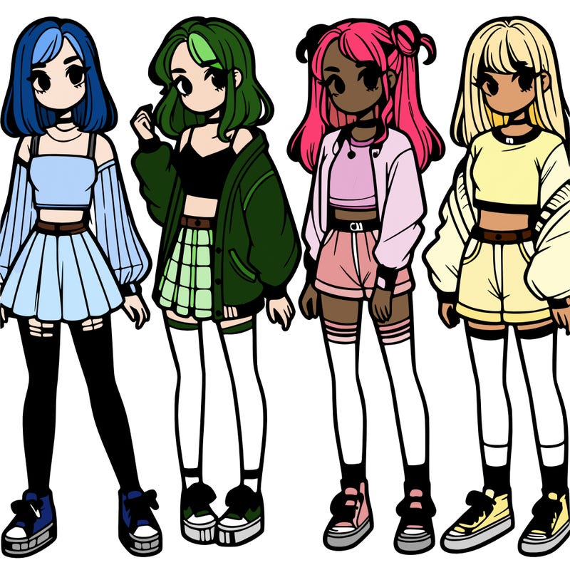 one girl with crop-top shirt and a jacket with a skirt, long socks and another girl with a shirt and pants with a jacket