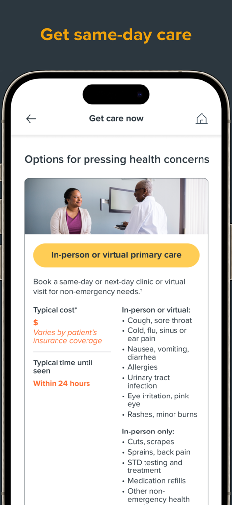 My Memorial Hermann™ - Screenshot of the My Memorial Hermann app displaying same day and next day medical care options for urgent health concerns