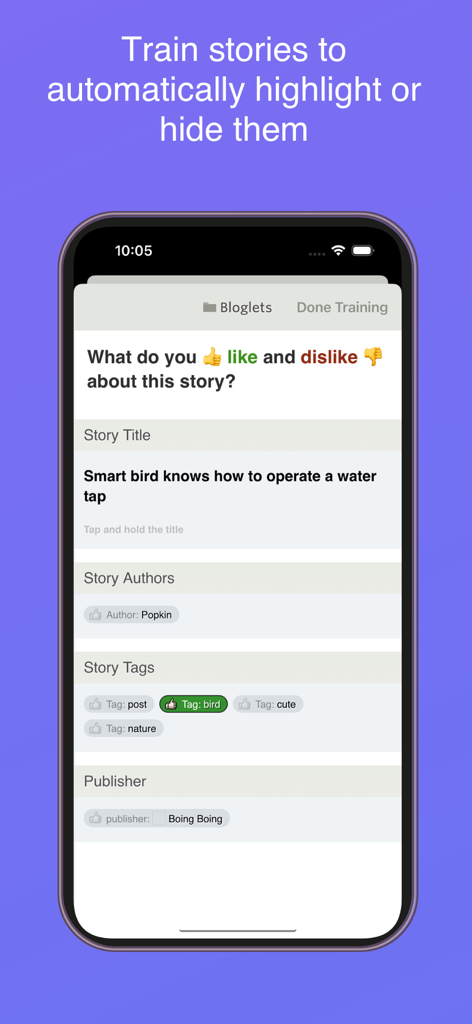 NewsBlurアプリの画面。タイトル、著者、タグに基づいてニュースをハイライトまたは非表示にするストーリートレーニング機能を表示しています。