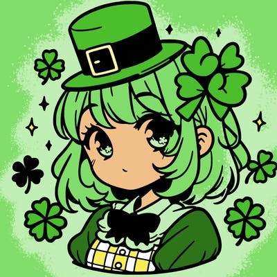 a manga-style girl with clovers around her, a little hat in her hair, like it's saint patrick's day