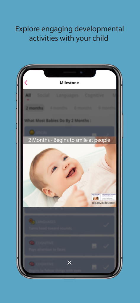 MyVTech Baby Pro - MyVTech Baby Pro app milestone feature showing a smiling infant at 2 months old.