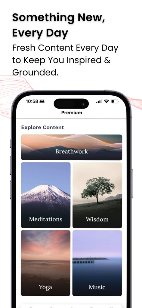 Art of Living Official App screen displaying various wellness categories like breathwork meditation wisdom and yoga