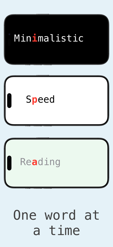 Glance - Epub Speed Reader - Smartphone screens displaying words one by one in the Glance speed reading app using the RSVP method.