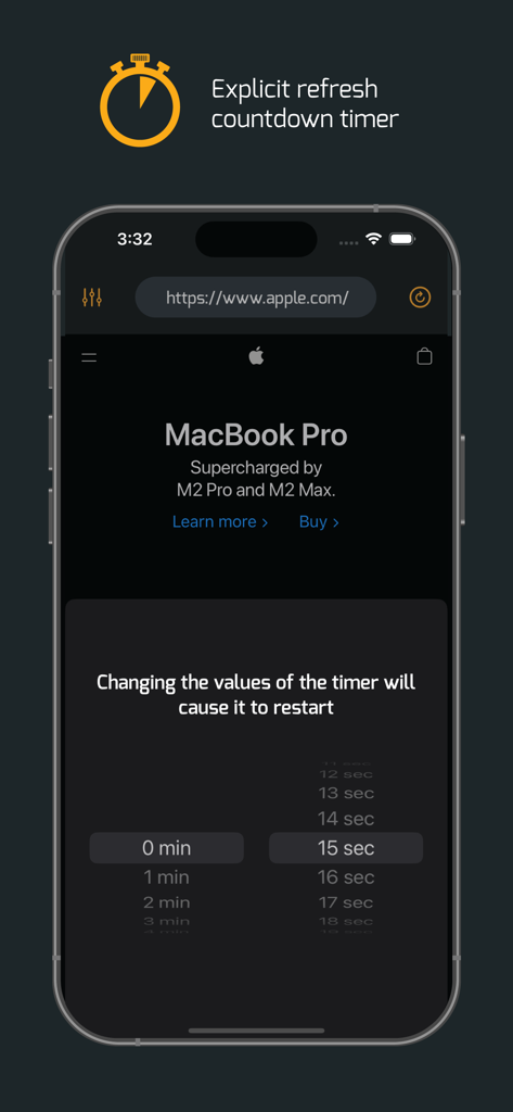 iPhoneで設定された明示的な更新カウントダウンタイマーを示すプライベートブラウザアプリのインターフェース