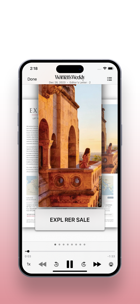 The Australian Women's Weekly - オーストラリアン・ウィメンズ・ウィークリーのモバイルアプリ内での、探検家のセールを特集したデジタル旅行記事。