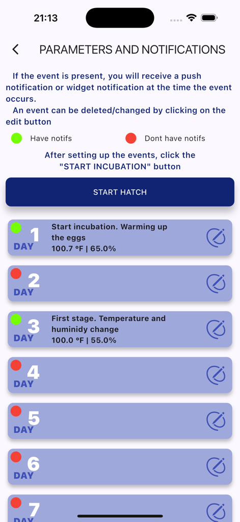 Hatch Tracker Pro - Daily incubation schedule showing temperature humidity settings and notification alerts in the Hatch Tracker Pro app