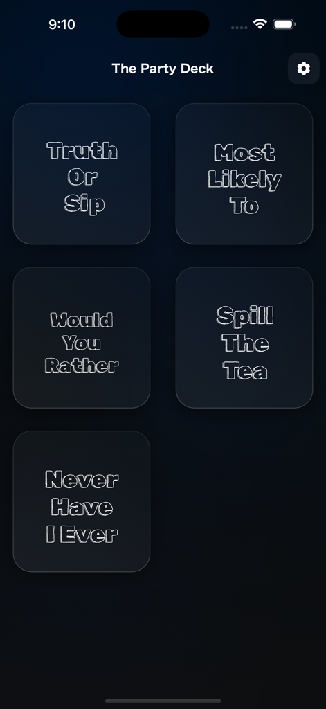 The Party Deck - Main menu of The Party Deck app featuring social game options like Truth or Sip and Never Have I Ever