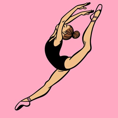 gymnast doing a leap in a leotard with a bent back leg