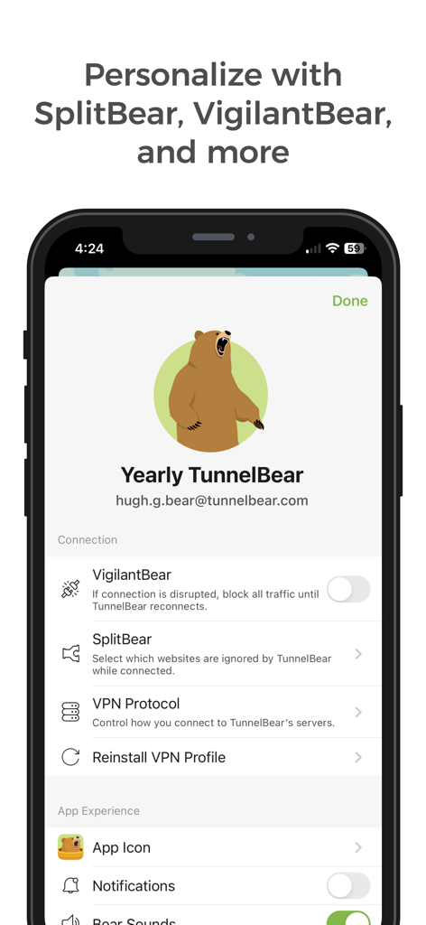 menu des paramètres de l'application TunnelBear affichant les options de personnalisation VigilantBear et SplitBear