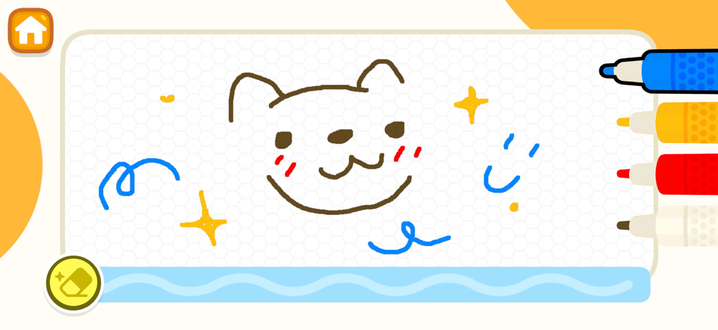 Fisher Price Play and Learn app doodle pad screen with a bear drawing