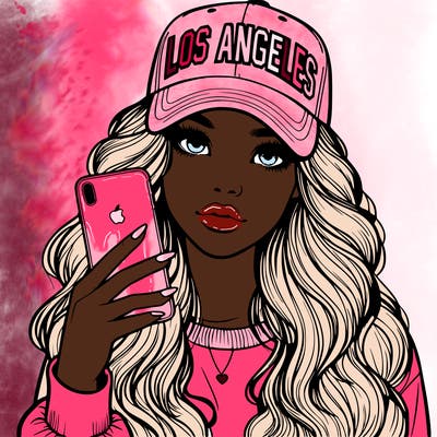 realistic beautiful girl wearing los ángeles cap holding an iphone