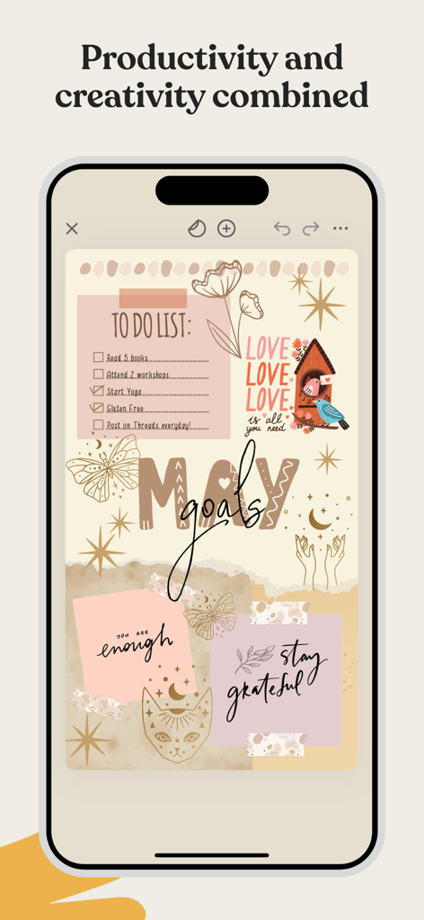 A decorative digital journal page on a smartphone screen featuring a to-do list, monthly goals, and aesthetic stickers.