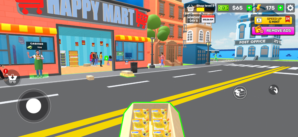 Supermart Store 3D Simulator - Vista externa da loja Happy Mart no Supermart Store 3D Simulator mostrando a rua e a entrada da loja
