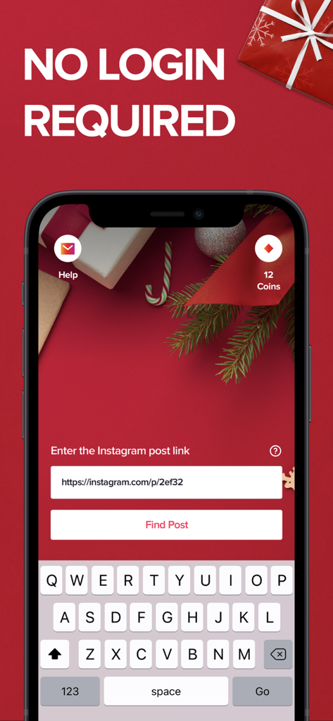 Comment Picker for Giveaway - プレゼント企画用コメントピッカーのモバイルアプリインターフェース。Instagram投稿リンク入力フィールドと「ログイン不要」という大きな見出しが表示されている。