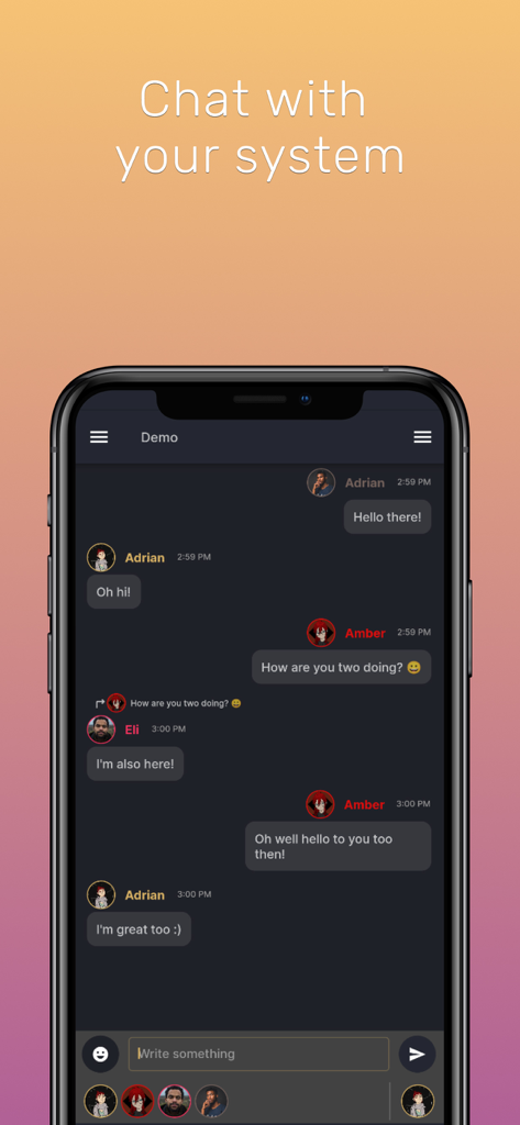 Interne Chat-Ansicht der Simply Plural App mit Nachrichten zwischen verschiedenen Systemmitgliedern im Dunkelmodus.