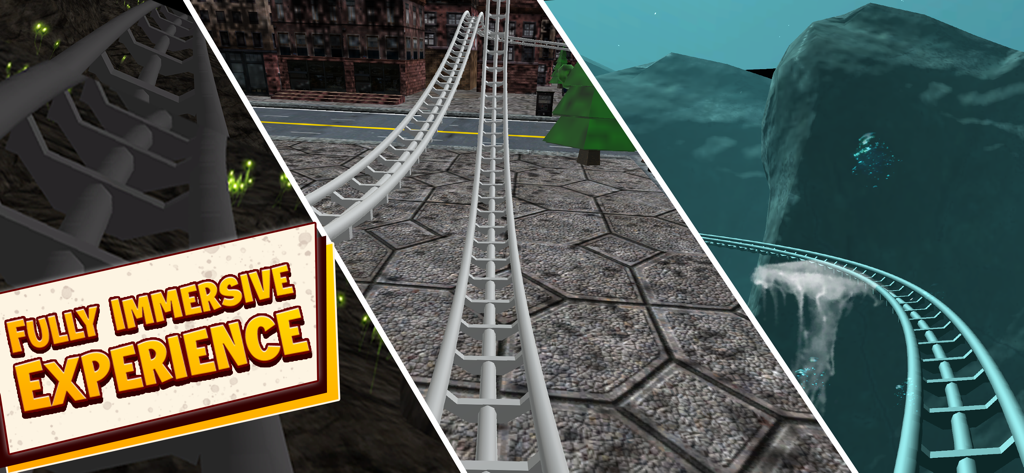 VR Roller Coaster Adventures - Eine Collage, die drei verschiedene virtuelle Achterbahn-Umgebungen zeigt, darunter eine Stadt und eine Höhle mit dem Text „voll immersives Erlebnis“