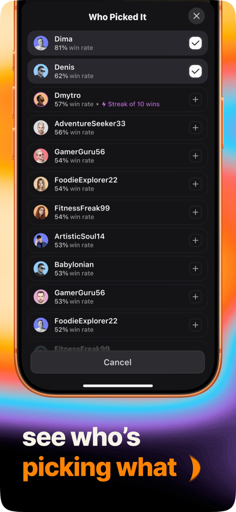 Oddible: AI Sports Betting - Oddible app screen showing top bettors and their win rates and win streaks.