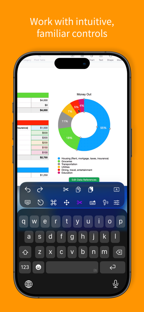 Screens for Organizations - Screens for Organizations app on iPhone showing a remote desktop session with a spreadsheet donut chart and custom shortcut toolbar