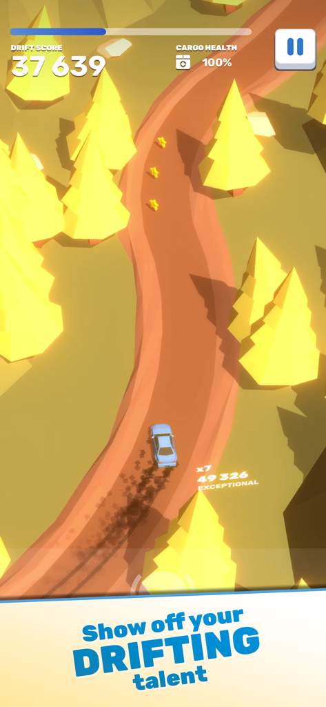 Tofu Drifter - 豆腐ドリフターのモバイルゲームで、低ポリの黄色い木がある曲がりくねった道でドリフトする青い車