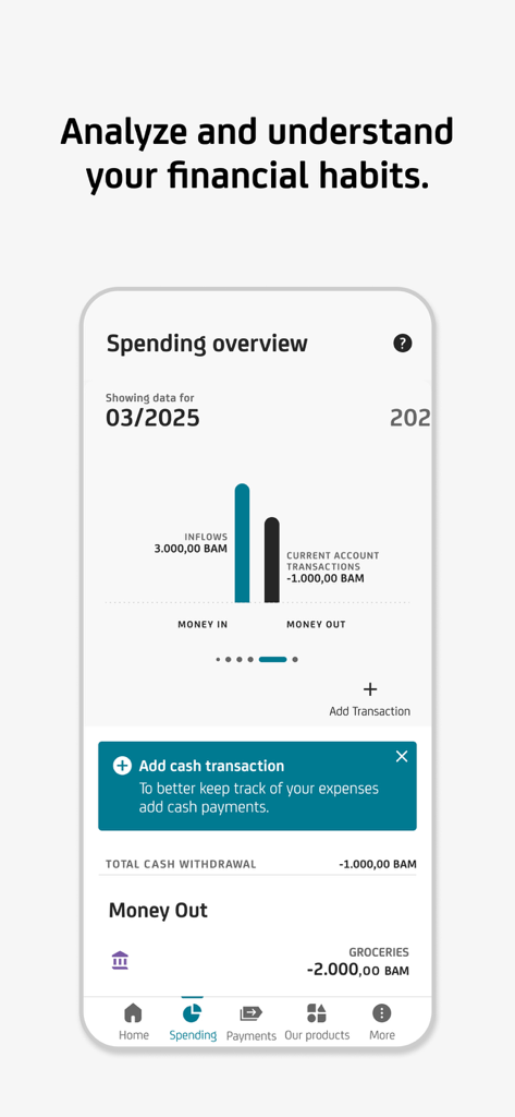 m-ba - Spending overview screen in the m-ba mobile banking app showing financial habits analysis and transaction tracking
