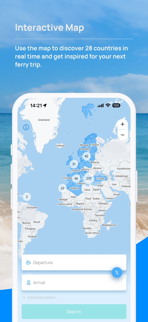 Ferryscanner: Book Your Ferry - Interaktive Kartenfunktion in der Ferryscanner App, die Fährrouten in ganz Europa anzeigt