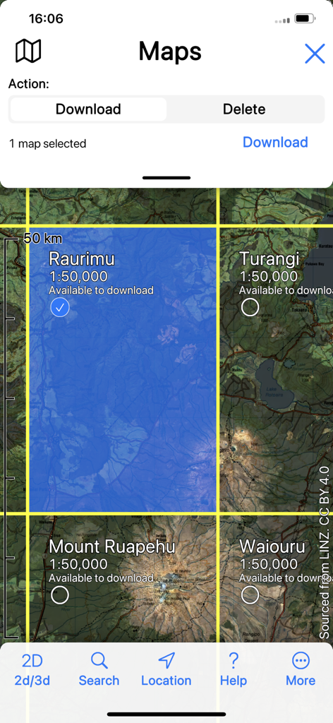 Interface de download de mapa topográfico offline para locais de caminhada na Nova Zelândia