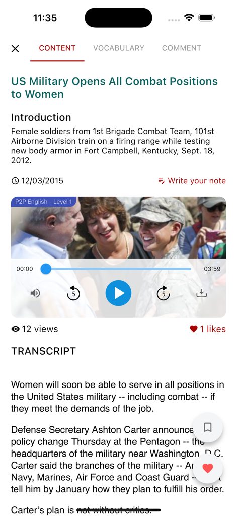 English Listening - 6mins - Mobile app interface showing an English listening lesson with an audio player and transcript