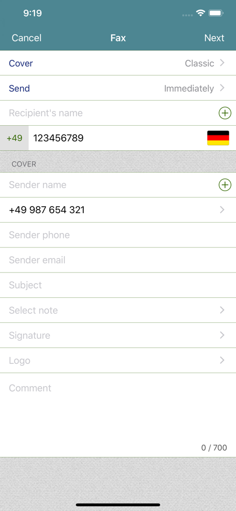 Interface móvel para enviar um fax com detalhes do destinatário e remetente