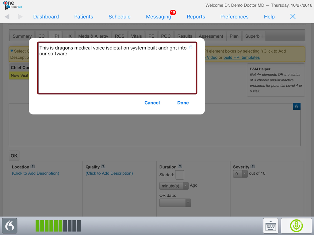Oberfläche der OneTouch EMR iPad-App, die das integrierte Dragon Medical-Fenster für Sprachdiktierfunktion für klinische Notizen zeigt