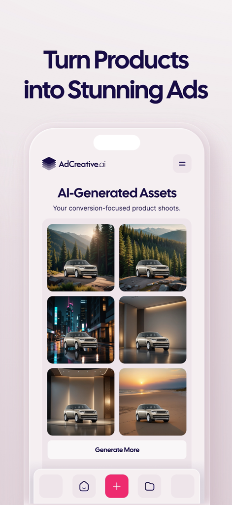 AdCreative.ai Official: AI Ads - AdCreative.ai app interface showing AI-generated product photos of a car in different professional environments like forests and city streets