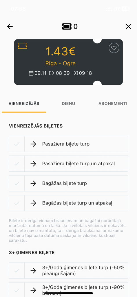 Vivi Latvija - Vivi Latvija mobile app screen showing train ticket options for the Riga to Ogre route including one-way, round-trip, and family tickets.