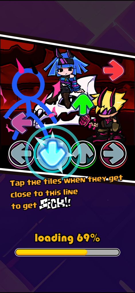 Beat Stage - Battle Duel - Pantalla de carga de un juego de ritmo con personajes de dibujos animados e instrucciones de juego para golpear notas.