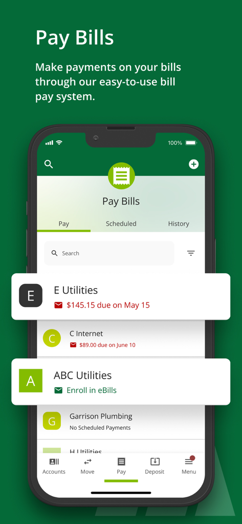 Redwood Credit Union mobile app Pay Bills screen with a list of utility bills and due dates.