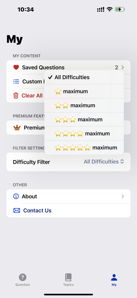 Screenshot of the All AStar ALevel-9231FP1 app showing the difficulty filter menu with star ratings from one to five