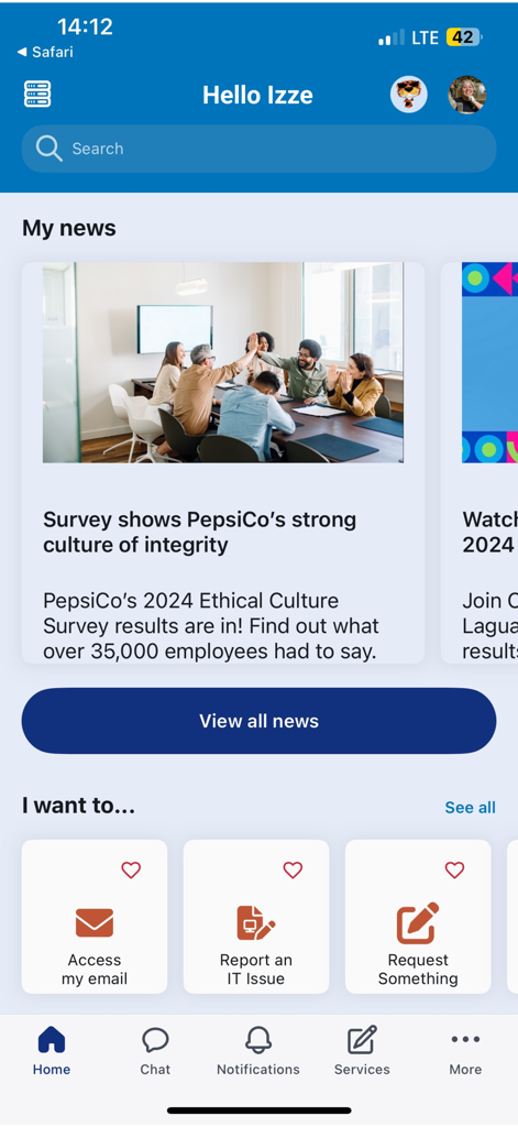 The home dashboard of the mypepsico app featuring company news and quick links for IT support and email.