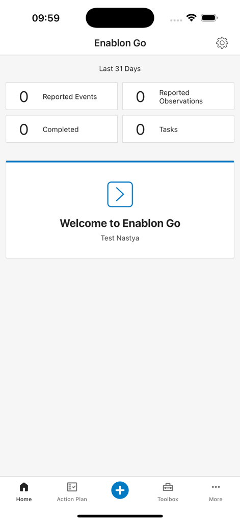Tela inicial do aplicativo móvel Enablon Go mostrando um painel de relatórios de segurança com métricas de eventos e tarefas.