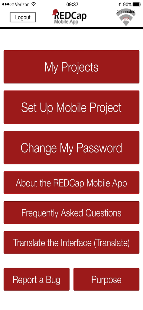 REDCap Mobile App - Main menu screen of the REDCap Mobile App showing clinical research project management options