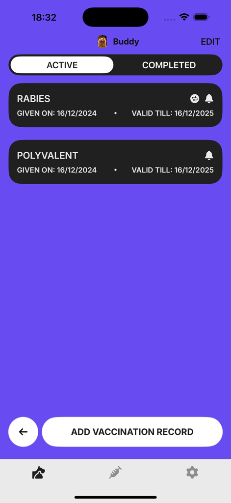 Pet Vaccination Tracker - Pet vaccination tracker interface showing active records for rabies and polyvalent vaccines