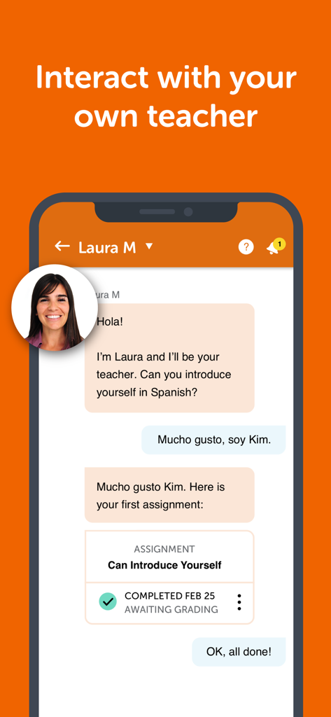 Innovative Language Learning - Mobile app screen showing a one-on-one chat with a real language teacher and a completed assignment status.