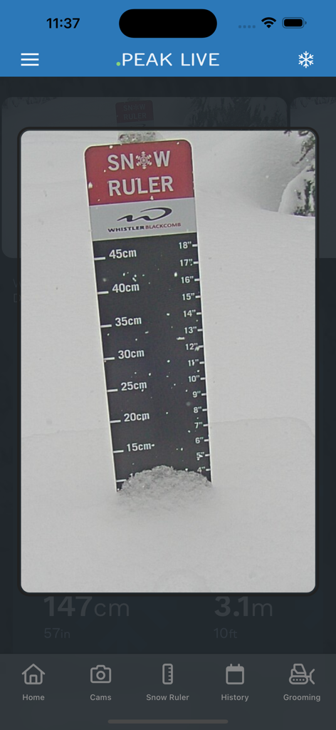 Whistler Peak Live - Real-time snow ruler measurement in Whistler Blackcomb from the Whistler Peak Live app