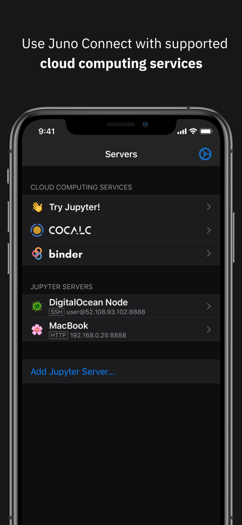 iPhone screen showing Juno Connect app interface for selecting cloud computing services and Jupyter servers like CoCalc and DigitalOcean