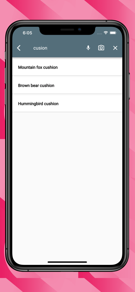 Interfaz de búsqueda de la aplicación móvil PrestaShop que muestra sugerencias de productos para cojines.