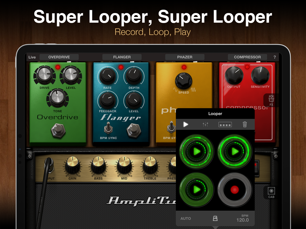 Interface iPad AmpliTube avec pédales de guitare virtuelles et module looper