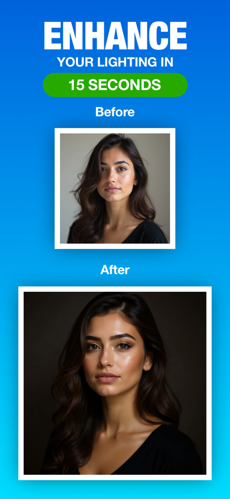 Before and after comparison of a woman's portrait showing AI-enhanced lighting in 15 seconds