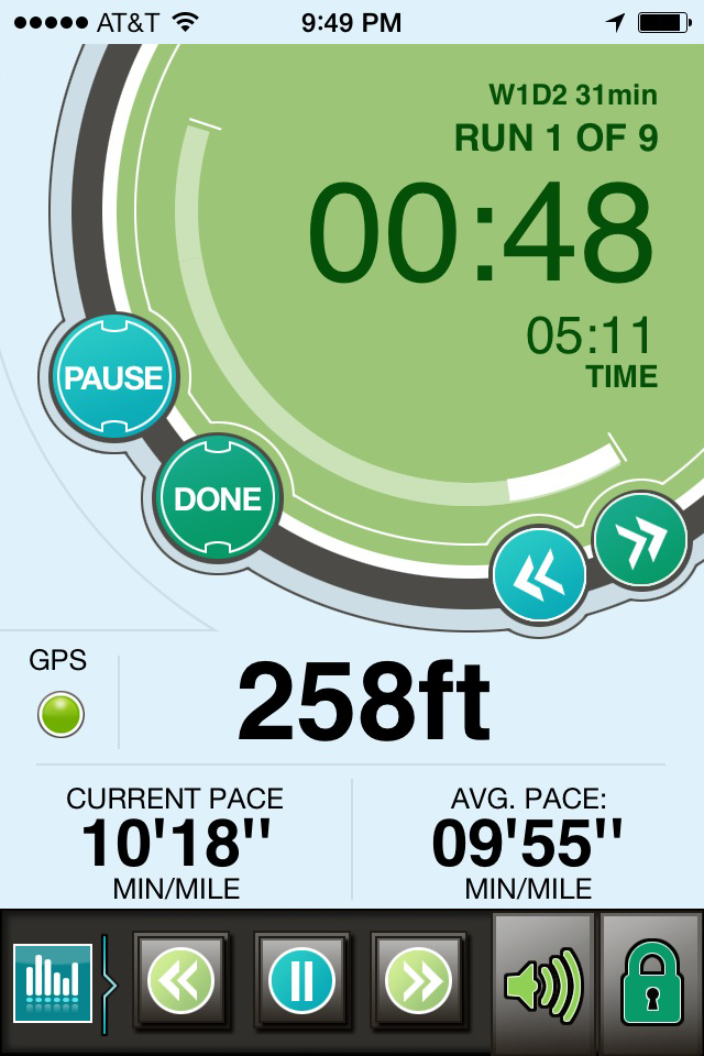 Ease into 5K: run walk interval training program - Screenshot of the Ease into 5K app showing workout progress with a timer, distance tracker, and pace metrics.